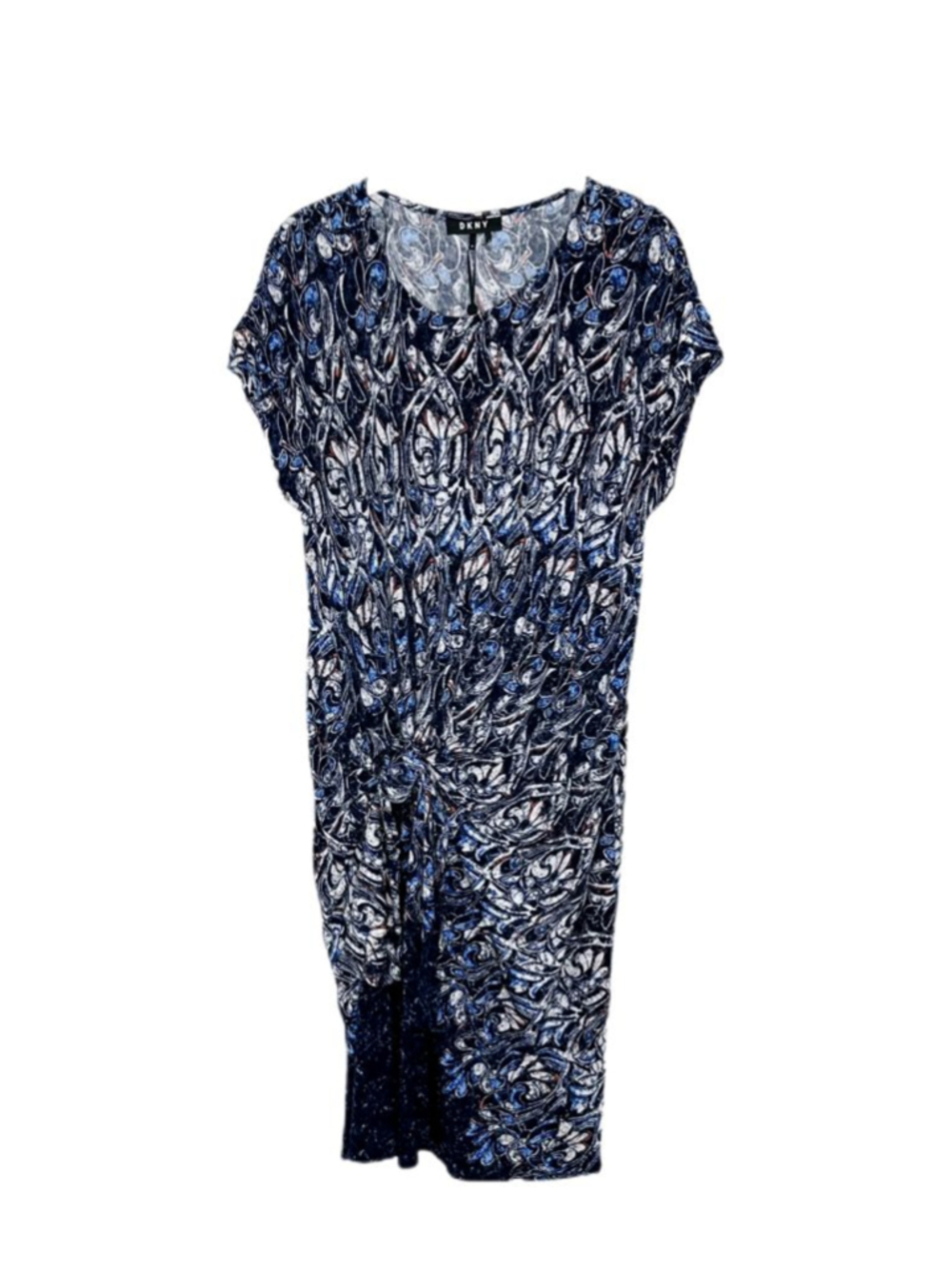 DKNY Blue Abstract Print Ruched Side Tie Dress XL Stretch Midi - Picture 8 of 8